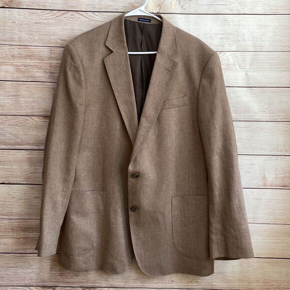 STAFFORD CLASSIC FIT LINEN BLEND BLAZER IN TAN HERRINGBONE - Picture 1 of 8